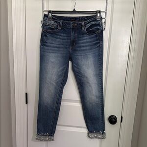 Miss Me Blue Ankle Cropped Jeans with Vintage Fading & Rhinestone cuff